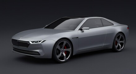 Naklejka premium A sleek silver car is showcased in a studio setting with a dark background.