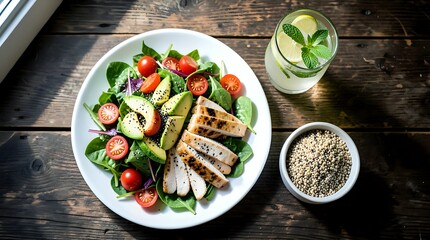 Obraz premium Elevated flat lay of a healthy breakfast: avocado toast, berries, yogurt, and coffee on a distressed wood table, with dramatic chiaroscuro lighting.