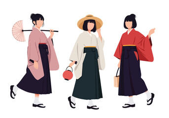 Set vector collection of women wearing traditional Japanese kimono in various poses and activities. Ideal for culture, tourism, heritage, festival, travel and education themes © Amie
