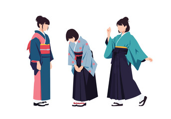 Set vector collection of women wearing traditional Japanese kimono in various poses and activities. Ideal for culture, tourism, heritage, festival, travel and education themes © Amie