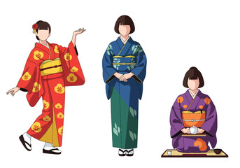 Set vector collection of women wearing traditional Japanese kimono in various poses and activities. Ideal for culture, tourism, heritage, festival, travel and education themes © Amie