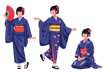 Set vector collection of women wearing traditional Japanese kimono in various poses and activities. Ideal for culture, tourism, heritage, festival, travel and education themes © Amie