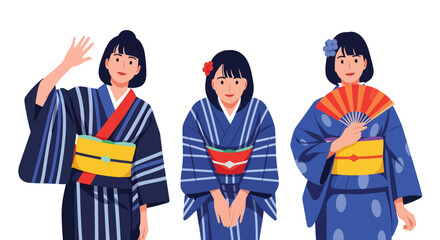 Set vector collection of women wearing traditional Japanese kimono in various poses and activities. Ideal for culture, tourism, heritage, festival, travel and education themes © Amie