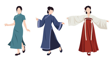 Set vector collection of women wearing traditional Chinese clothing in elegant poses. Ideal for culture, heritage, festival, tourism, history and education themes © Amie