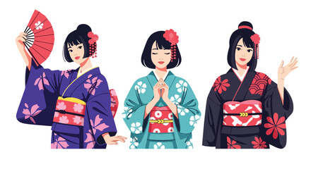 Set vector collection of women wearing traditional Japanese kimono in various poses and activities. Ideal for culture, tourism, heritage, festival, travel and education themes © Amie