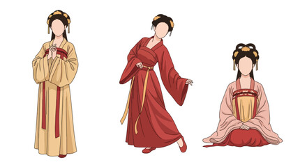Set vector collection of women wearing traditional Chinese clothing in elegant poses. Ideal for culture, heritage, festival, tourism, history and education themes © Amie