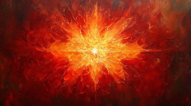Bright burst of red and orange light radiating from a center point, abstract energy, powerful and intense, high contrast