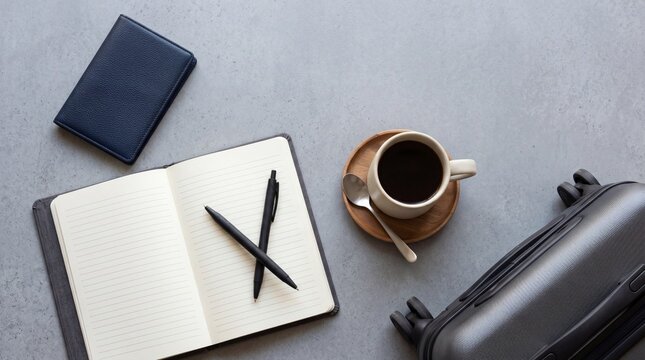 A well-organized travel set-up featuring an open notebook with pens, a cup of coffee, and a suitcase, suggesting preparation for a journey or a productive trip.