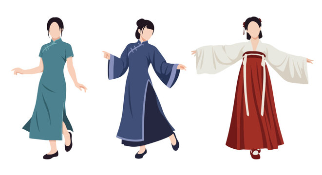 Set vector collection of women wearing traditional Chinese clothing in elegant poses. Ideal for culture, heritage, festival, tourism, history and education themes