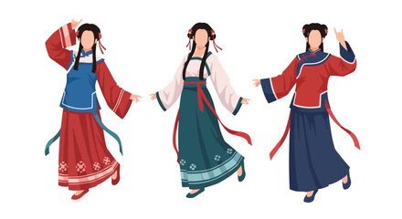 Set vector collection of women wearing traditional Chinese clothing in elegant poses. Ideal for culture, heritage, festival, tourism, history and education themes © Amie