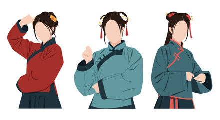 Set vector collection of women wearing traditional Chinese clothing in elegant poses. Ideal for culture, heritage, festival, tourism, history and education themes © Amie