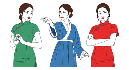Set vector collection of women wearing traditional Chinese clothing in elegant poses. Ideal for culture, heritage, festival, tourism, history and education themes © Amie