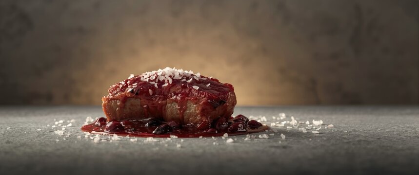 Delicious duck breast marinated in berry blend with fleur de sel against a gray background