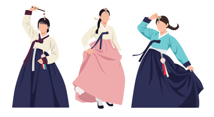Set vector collection of women wearing traditional Korean hanbok outfits in different poses. Ideal for culture, heritage, tourism, festival, history and education themes © Amie