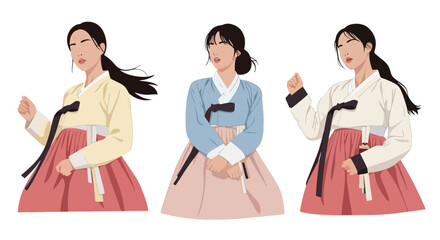 Set vector collection of women wearing traditional Korean hanbok outfits in different poses. Ideal for culture, heritage, tourism, festival, history and education themes © Amie