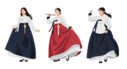 Set vector collection of women wearing traditional Korean hanbok outfits in different poses. Ideal for culture, heritage, tourism, festival, history and education themes © Amie