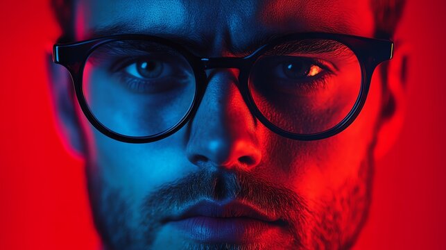 Closeup of man s face in glasses, vibrant red background, intense gaze, high contrast