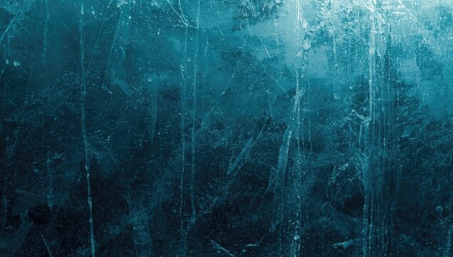 Teal blue window effect highlighting dust on scratched ice and aged glass texture