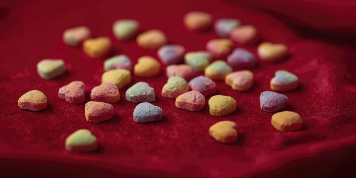 Rainbow hued heart candy on ruby red fabric background offering copy space