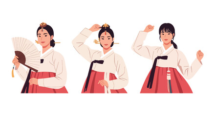 Set vector collection of women wearing traditional Korean hanbok outfits in different poses. Ideal for culture, heritage, tourism, festival, history and education themes © Amie