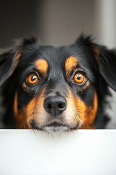 Curious dog peeking over a white edge, wideeyed and alert