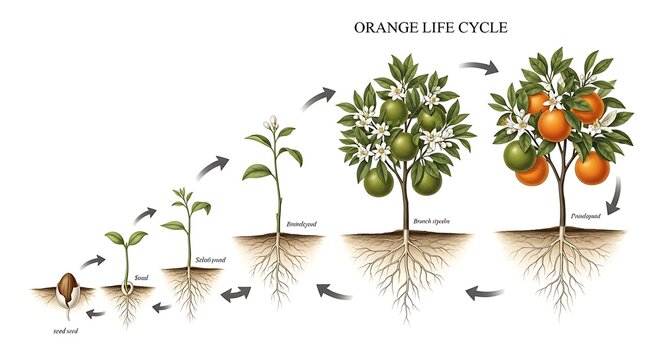 Orange tree biological life cycle growth stages illustration with lifecycle
