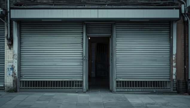 Small store featuring locked metal roller shutters and entry space