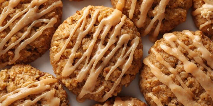 Honey drizzled oatmeal cookies captured in detailed close up with white background