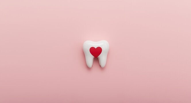 Valentines Day dental care concept with two teeth and a crimson heart on a pastel backdrop