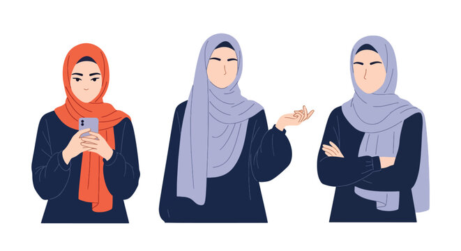 Set vector collection of women wearing modest hijab fashion in different poses. Ideal for lifestyle, diversity, culture, religion, fashion and community themes