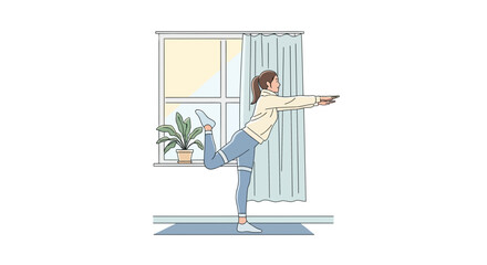 Fototapeta premium Woman practicing yoga at home, performing a balance pose near a window with sunlight.