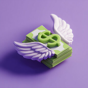 A cute, minimalistic 3D icon featuring a flying stack of green money with soft white wings, set against a smooth purple background with a clean, whimsical, and modern cartoon aesthetic.