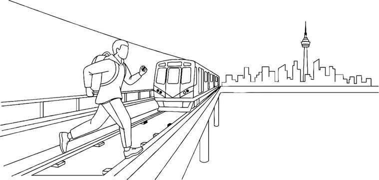 Commuting runner racing alongside an approaching subway train.
