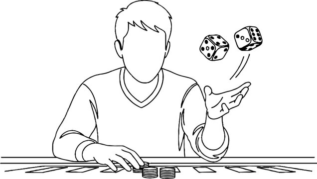 Person playing dice game with animated rolling dice illustration.