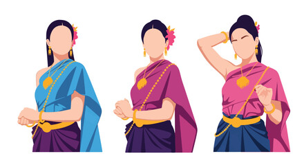 Set vector collection of women wearing traditional Thai costumes with jewelry and cultural styling. Ideal for heritage, tourism, festival and culture themes © Amie