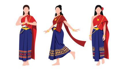 Set vector collection of women wearing traditional Thai costumes with jewelry and cultural styling. Ideal for heritage, tourism, festival and culture themes © Amie