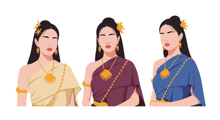 Set vector collection of women wearing traditional Thai costumes with jewelry and cultural styling. Ideal for heritage, tourism, festival and culture themes © Amie