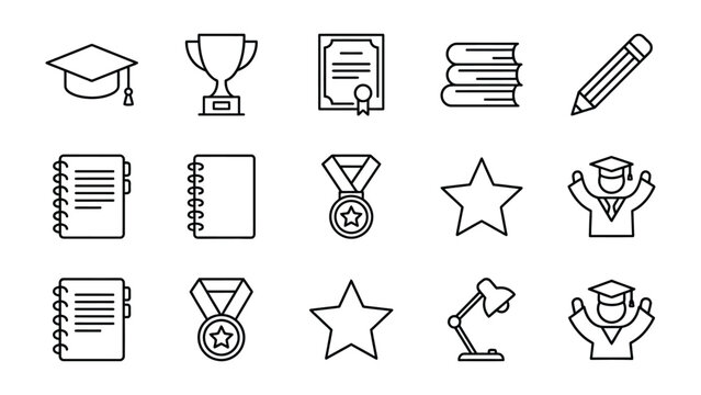Education Icons: A collection of stylized line icons representing graduation, awards, books, and academic success, symbolizing knowledge and learning.