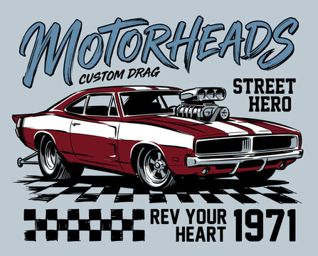 Vintage muscle car drag racer illustration. Motorheads custom drag race poster design. Classic 1971 street hero automotive graphic.