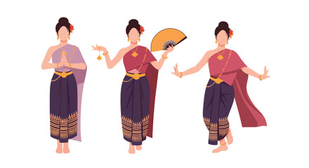 Set vector collection of women wearing traditional Thai costumes with jewelry and cultural styling. Ideal for heritage, tourism, festival and culture themes © Amie