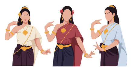 Set vector collection of women wearing traditional Thai costumes with jewelry and cultural styling. Ideal for heritage, tourism, festival and culture themes © Amie