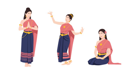 Set vector collection of women wearing traditional Thai costumes with jewelry and cultural styling. Ideal for heritage, tourism, festival and culture themes © Amie