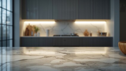 Fototapeta premium White marble tabletop for kitchen island with an indistinct kitchen interior scene