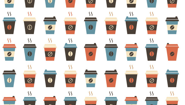 Colorful seamless pattern displays rows of various coffee cups and mugs with steam rising and coffee bean motifs on a white background.