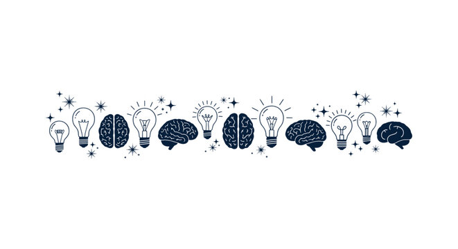 Creative brainstorming concept with brain and light bulb icons line art vector illustration on white