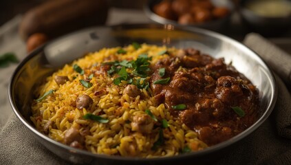 Fototapeta premium Nutritious khichdi paired with fiery chili on a round plate