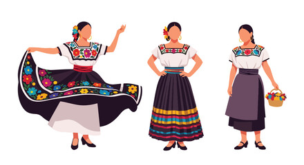 Set vector collection of women wearing colorful traditional Mexican costumes and cultural activities. Ideal for heritage, tourism, festival and culture themes © Amie