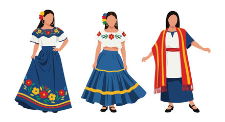 Set vector collection of women wearing colorful traditional Mexican costumes and cultural activities. Ideal for heritage, tourism, festival and culture themes © Amie