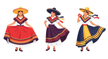 Set vector collection of women wearing colorful traditional Mexican costumes and cultural activities. Ideal for heritage, tourism, festival and culture themes © Amie