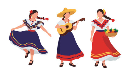 Set vector collection of women wearing colorful traditional Mexican costumes and cultural activities. Ideal for heritage, tourism, festival and culture themes © Amie